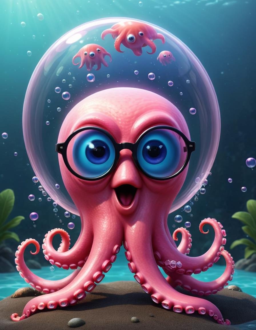 comic (Digital Artwork:1.3) of (Illustration:1.3) <lora:Smiling_Jellyfish_XL_Series:1> a pink octopus wearing glasses and bubbles, anthropomorphic octopus, cute 3 d render, jellyfish wearing glasses, portrait of a squid wizard, cute pixar character, weird silly thing with big eyes, octopus wearing a spacesuit, cute cthulhu, beautiful pink little alien girl, very angry squid, portrait of an octopus goddess, ultra realistic 3d illustration,CGSociety,ArtStation . graphic illustration, comic art, graphic novel art, vibrant, highly detailed