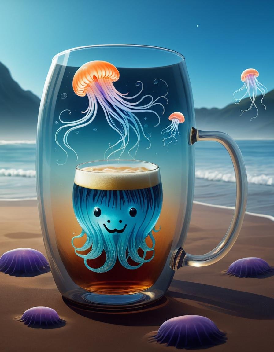 comic (Digital Artwork:1.3) of (Illustration:1.3) <lora:Smiling_Jellyfish_XL_Series:1> a mug with jellyfish in it, trapped in tall iced tea glass, surreal water art, jellyfish wearing glasses, transparent jellyfish, ultra realistic 3d illustration, translucent glowing jellyfish, jellyfish gelatin, soft airbrushed artwork, ultrarealistic illustration, surreal 3 d render, surreal glass goblets, victorian era，jellyfish element, painting of an undercover cup,CGSociety,ArtStation . graphic illustration, comic art, graphic novel art, vibrant, highly detailed
