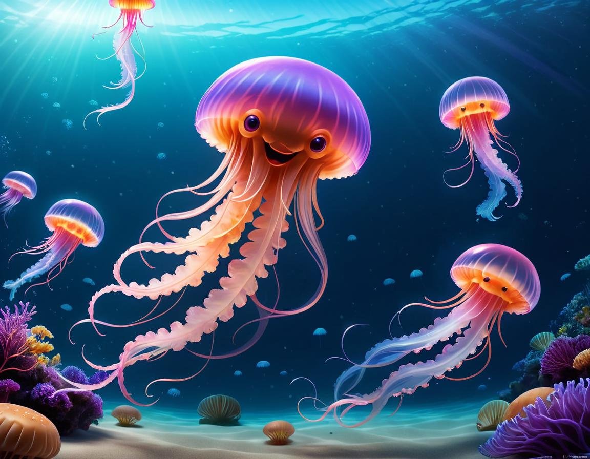 concept art <lora:Smiling_Jellyfish_XL_Series:1> jellyfish swimming in the ocean, pink jellyfish everywhere, jellyfish god, jellyfish, space jellyfish, jellyfish wearing glasses, jelly fishes, transparent jellyfish, jelly fish, glowing jellyfish, jelly fish dancing, jellyfish element, sublittoral jellyfish schools, sea like jelly, jelly, hamburger mix jellyfish, fish squid and jellyfish, neon jellyfish, jellyfish elements, translucent glowing jellyfish . digital artwork, illustrative, painterly, matte painting, highly detailed