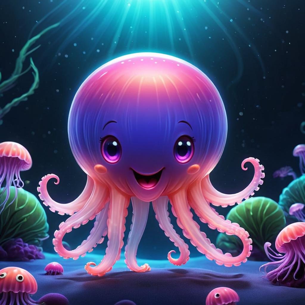 comic (Digital Artwork:1.3) of (Illustration:1.3) <lora:Smiling_Jellyfish_XL_Series:1> a cute jellyfish with a pink face and eyes, cute 3 d render, adorable glowing creature, cute creature, cute cthulhu, stylized as a 3d render, anthropomorphic octopus, an alien mushroom with tentacles, cute little creature, beautiful pink little alien girl, cute! c4d, jellyfish god, space jellyfish, sea like jelly, cute character,CGSociety,ArtStation . graphic illustration, comic art, graphic novel art, vibrant, highly detailed