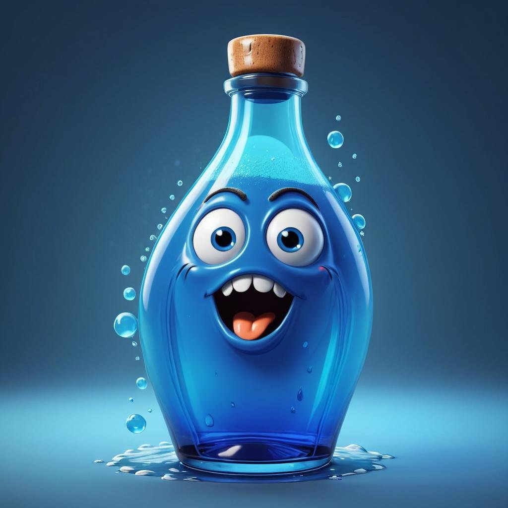 comic (Digital Artwork:1.3) of (Illustration:1.3) <lora:Smiling_Jellyfish_XL_Series:1> a blue bottle with a face on it, character is covered in liquid, sherek head design as a bottle, hyper realistic poison bottle, rendered in cinema 4 d octane, cute 3 d render, droplets flow down the bottle, rendered in cinema4d, rendered in cinema 4 d, blue realistic 3 d render, stylized as a 3d render,CGSociety,ArtStation . graphic illustration, comic art, graphic novel art, vibrant, highly detailed