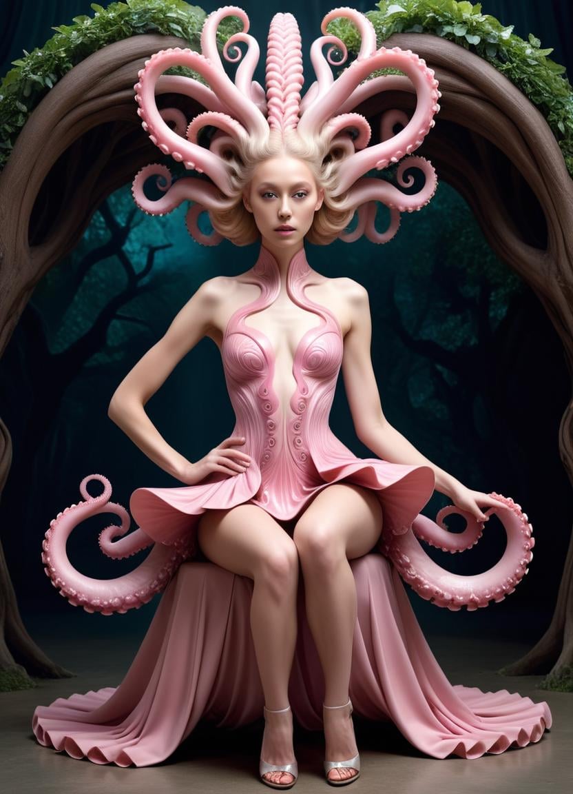 Alien-themed (Professional 3D rendering:1.3) of (Ultrarealistic:1.3),(Satisfying:1.3) <lora:Tentacle-FFashion-LoKr-1:0.69> a woman in a pink dress with a pink skirt, a stunning young ethereal figure, avant garde fashion model, blonde girl in a cosmic dress, iris van herpen rankin, stunning 3d render of a fairy, award winning fashion photo, lady with glowing flowers dress, she is dancing. realistic, intricate fantasy dress, fractal dress, swirly body painting TentacleFFashion, (detailed facial features), (detailed tentacle features) <lora:DalE-3-FFusion-Dylora:0.2>, there is a chair that is sitting under a tree with roots, wood carved chair, sitting under a tree, wood chair, living tree, rooted lineage, surreal composition, siting in a chair, chair, rendered illustration, growth, concept illustartion, surreal object photography, lying a throne in a fantasy land, creative photo manipulation, sitting down, growing, chairs Extremely high-resolution details, photographic, realism pushed to extreme, fine texture, incredibly lifelike,CGSociety,ArtStation,(Vivid Colors:1.3) . Extraterrestrial, cosmic, otherworldly, mysterious, sci-fi, highly detailed