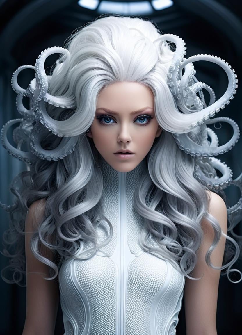 cinematic photo <lora:Tentacle-FFashion-LoKr-1:1>  <lora:Tentacle-FFashion-Loco-3vpred:1> a woman with long white hair and tentacles, portrait of an octopus goddess, beautiful octopus woman, cyberpunk medusa, dark portrait of medusa, portrait of teenage medusa, some tentacles are touching her, young woman as medusa, portrait of a sci - fi woman, octopus goddess, long flowing medusa hair, female medusa long hair, detailed matte fantasy portrait . 35mm photograph, film, bokeh, professional, 4k, highly detailed