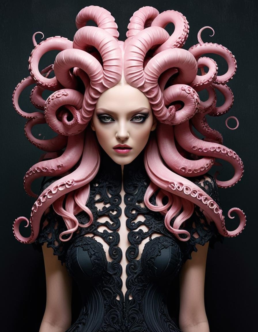 3D papercut shadow box of (Digital Artwork:1.3) of (Ultrarealistic:1.3),(Relieving:1.3) <lora:Tentacle-FFashion-LoKr-1:1> fashion show, casino token a woman in a black dress with pink hair, intricate ornate anime cgi style, in style of dark fantasy art, surreal avant-garde style, long flowing medusa hair, avant garde fashion model, medusa made of soft wax, beautiful elegant demon queen, beautiful octopus woman, elaborate long black hairstyle, medusa made of wax, baroque vaporwave statue, dark portrait of medusa TentacleFFashion, (detailed facial features), (detailed tentacle features), Extremely high-resolution details, photographic, realism pushed to extreme, fine texture, incredibly lifelike,CGSociety,ArtStation,(CMYK Colors:1.3),monster,ugly,surgery,evisceration,morbid,cut,open,rotten,mutilated,deformed,disfigured,malformed,missing limbs,extra limbs,bloody,slimy,goo,Richard Estes,Audrey Flack,Ralph Goings,Robert Bechtle,Tomasz Alen Kopera,H.R.Giger,Joel Boucquemont,ArtStation,DeviantArt contest winner,thematic background . Layered, dimensional, depth, silhouette, shadow, papercut, handmade, high contrast