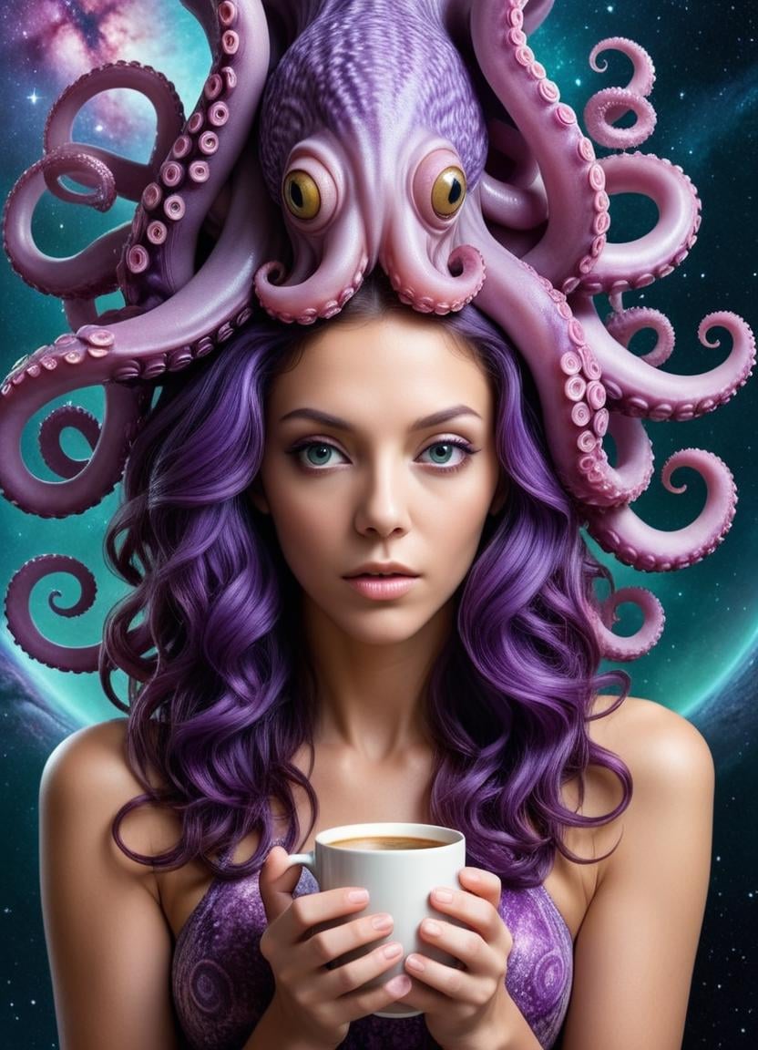 Alien-themed (Digital Artwork:1.3) of (Ultrarealistic:1.3),(Guilty:1.3) <lora:Tentacle-FFashion-LoKr-1:0.69> a woman with purple hair and octopus tentacles, portrait of an octopus goddess, beautiful octopus woman, cyberpunk medusa, portrait of teenage medusa, young woman as medusa, long flowing medusa hair, octopus goddess, dark portrait of medusa, covered with tentacles, female medusa long hair, medusa made of wax, medusa made of soft wax, portrait of medusa TentacleFFashion, (detailed facial features), (detailed tentacle features) <lora:DalE-3-FFusion-LoHA:0.2>, someone is holding a cup of coffee with a galaxy in the background, coffee and stars background, highly detailed vfx espresso, magic art flowing from hands, swirling magical energy, infused with a dream, cup of coffee, swirling nature magic, 8 k realistic digital art, swirls of magic, realistic digital art 4 k, realistic digital art 4k Extremely high-resolution details, photographic, realism pushed to extreme, fine texture, incredibly lifelike,CGSociety,ArtStation,(Kodak Portra:1.3) . Extraterrestrial, cosmic, otherworldly, mysterious, sci-fi, highly detailed