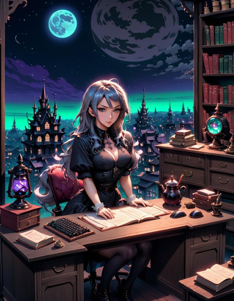 anime artwork <lora:FF_Safe_AnimXL:1>, anime key visual, Witchcore, Computer desk, 1800'S, covered in Ash, background, at Nighttime, Oversaturated . anime style, key visual, vibrant, studio anime,  highly detailed