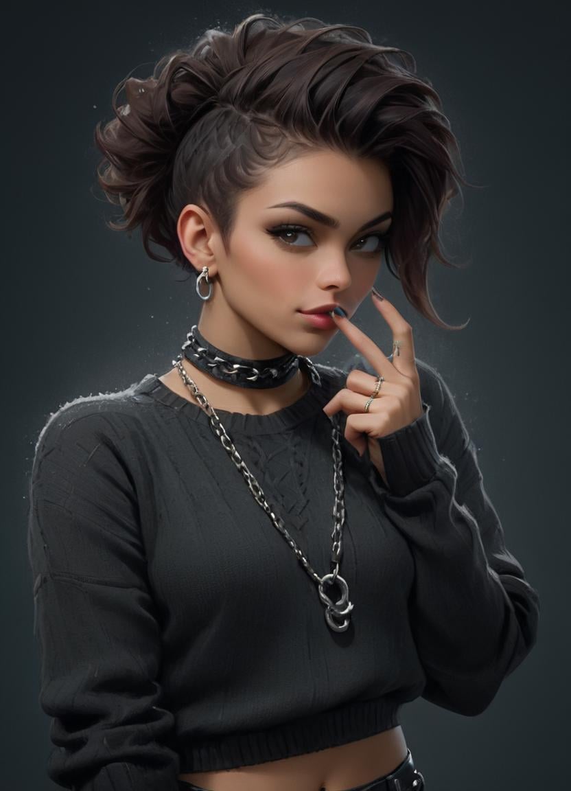 Grunge style <lora:FF_Safe_AnimXL:0.2> <lora:FF-FaceLT-LycorisFF-000005:0.2> <lora:FF-Safe-Anim-v3-LycorisFF:1>, stylized by Leanne Surfleet, Cycles render, epic mundane, Aggressive Haitian (Woman:1.3) , she is dressed in [Gamer|Venezuelan] Sweater, The Sweater is Black, It looks Business on her, giving you the finger, the Woman has Brown hair styled as Fauxhawk, she has a Symbolic Body Chain, Snowy, De Stijl, L USM . Textured, distressed, vintage, edgy, punk rock vibe, dirty, noisy