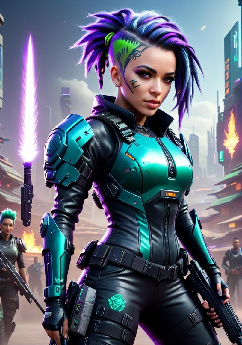 <lora:FF__Cyberpunk_Style:1> a woman with purple hair wearing a futuristic outfit, a woman with dreadlocks holding a gun, cyberpunk 8 k, holding a lightsabre. splash art, a woman with green hair in a futuristic suit, shadowrun character art, cyberpunk dyed haircut, very beautiful cyberpunk samurai, trending on artstation hd, portrait beautiful sci - fi girl, a woman with blue hair in a futuristic city, cyberpunk art ultrarealistic 8k, a man holding a gun in front of a fire, apex legends character