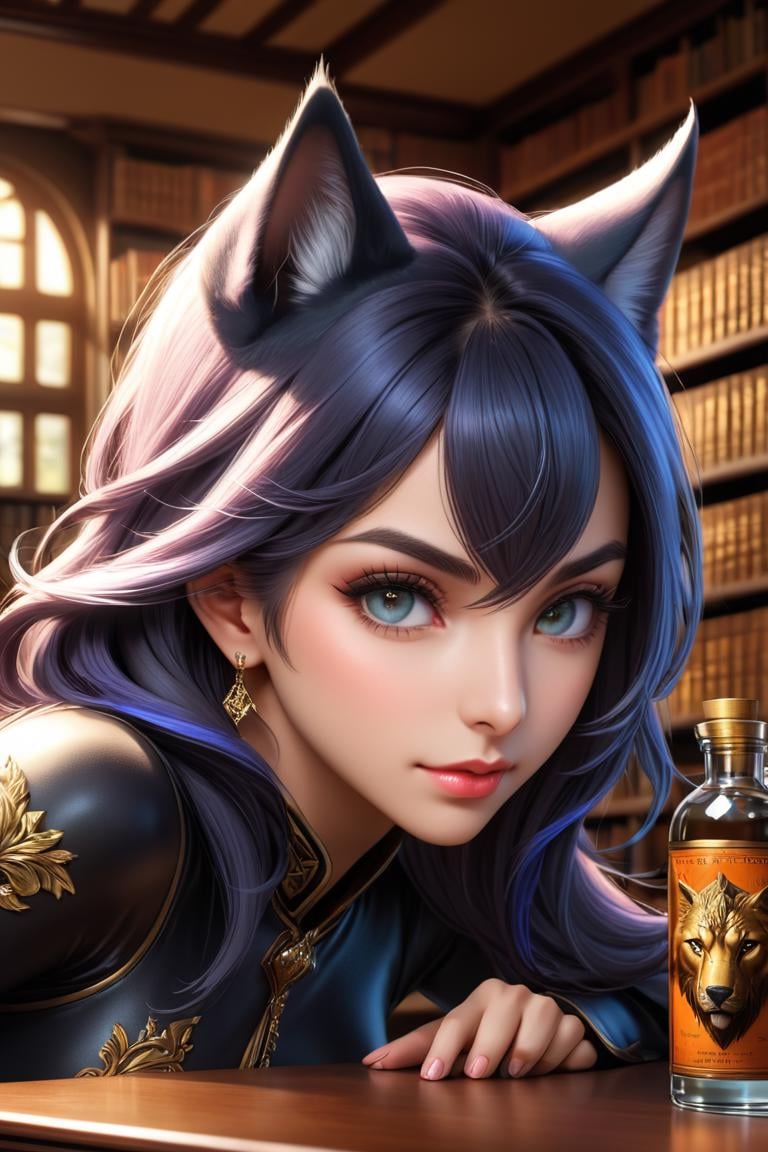 Advertising poster style <lora:FFai.0007.Animaginexl_V10.lora:1> ((best quality)), ((masterpiece)), (detailed) Female, [Worgen in a bottle], on a desk, highly detailed skin, looking at the viewer, fantasy art, stunning gradient colors, background of a library, no watermark signature, closed mouth, insanely detailed, ((masterpiece)), HDR, key visual, vibrant, studio quality, highly detailed,close portrait,(manga:1.3),beautiful,attractive,handsome,trending on ArtStation,DeviantArt contest winner,CGSociety,ultrafine,detailed,studio lighting . Professional, modern, product-focused, commercial, eye-catching, highly detailed