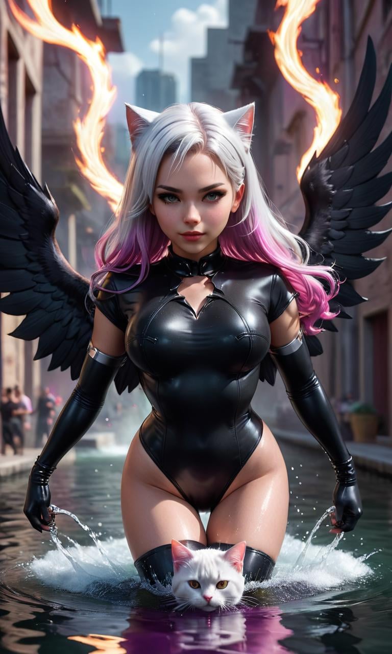 cinematic film still <lora:SaFFe-Anim-LycorsFF:1>  digital art of an elegant, cyborg - girl with silver hair, 3d render of catwoman, a girl with pink hair and black outfit, wearing a tee shirt and combats, a woman in a red dress laying in water, wearing military outfit, huge wings growing out of arms, purple and black clothes, woman made of black flames, a girl in a black dress with white hair and a cat, semirealistic anime style . Extremely high-resolution details, photographic, realism pushed to extreme, fine texture, incredibly lifelike . shallow depth of field, vignette, highly detailed, high budget, bokeh, cinemascope, moody, epic, gorgeous, film grain, grainy