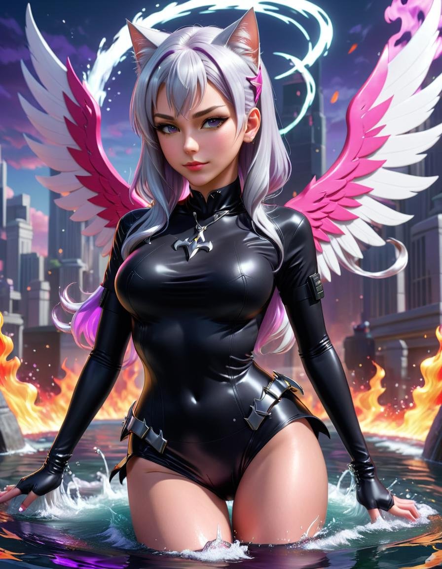 anime artwork <lora:SaFFe-Anim-LycorsFF:1> digital art of an elegant, cyborg - girl with silver hair, 3d render of catwoman, a girl with pink hair and black outfit, wearing a tee shirt and combats, a woman in a red dress laying in water, wearing military outfit, huge wings growing out of arms, purple and black clothes, woman made of black flames, a girl in a black dress with white hair and a cat, semirealistic anime style . anime style, key visual, vibrant, studio anime,  highly detailed