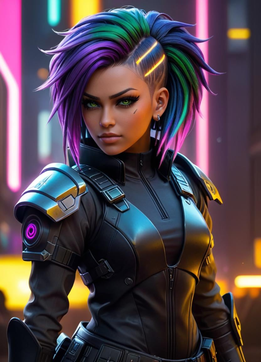 neonpunk style <lora:FF-CyberP-XL-FA-v0217:1>, cyber punk 2077, cyberpunk woman, Lunarpunk, Dreamcore, Engaging Rwandan (Girlfriend:1.3) , wearing Aesthetically Pleasing Micronesian Tailcoat, Lightcore, rainbow swirl, art by Donato Giancola, a woman with purple hair wearing a futuristic outfit, a woman with dreadlocks holding a gun, cyberpunk 8 k, holding a lightsabre. splash art, a woman with green hair in a futuristic suit, shadowrun character art, cyberpunk dyed haircut, very beautiful cyberpunk samurai, trending on artstation hd, portrait beautiful sci - fi girl, a woman with blue hair in a futuristic city, cyberpunk art ultrarealistic 8k, a man holding a gun in front of a fire, apex legends character . cyberpunk, vaporwave, neon, vibes, vibrant, stunningly beautiful, crisp, detailed, sleek, ultramodern, magenta highlights, dark purple shadows, high contrast, cinematic, ultra detailed, intricate, professional