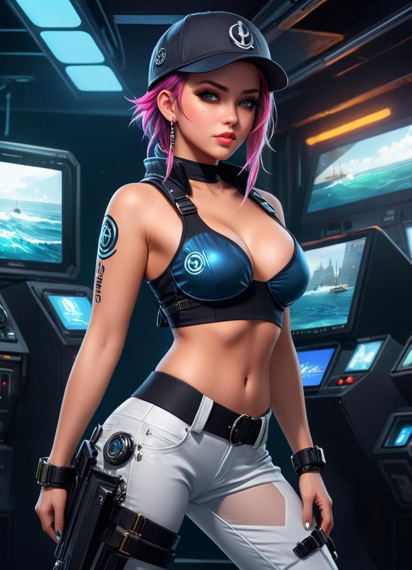 Nautical-themed <lora:FF-CyberP-XL-FA-v0217:1>, cyber punk 2077, cyberpunk woman, Concept art, studio Digital art, Signature Girlfriend, wearing Ice Palazzo pants and crop top, Hat, divisionism, art by Ross Tran . Sea, ocean, ships, maritime, beach, marine life, highly detailed