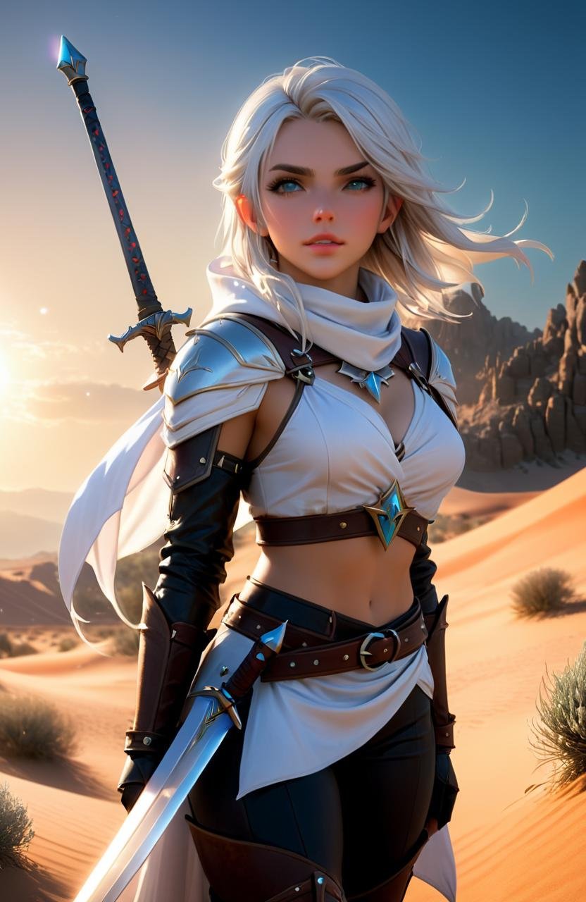 Fairy tale <lora:FF-Safe-Anim-v3-LycorisFF:1> a white female with long hair standing in a desert, ciri from the witcher, riven from league of legends, beautiful female assassin, holding a sword on her shoulder, character is in her natural pose, portrait of a female anime hero, stuning fantasy 3 d render, detailed armor with white scarf, render of a cute 3d anime girl, fantasy character photo . magnificent, celestial, ethereal, painterly, epic, majestic, magical, fantasy art, cover art, dreamy . Magical, fantastical, enchanting, storybook style, highly detailed