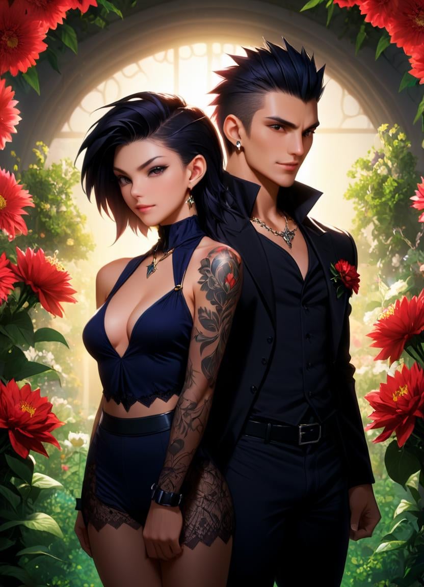 anime artwork <lora:FF-Safe-Anim-v3-LycorisFF:1>, anime key visual, Mystical Vampiric athletic Couple surrounded by Bouquets, Dark hair styled as Mohawk, Bathed in shadows, Sunlight, F/1.8 . anime style, key visual, vibrant, studio anime,  highly detailed