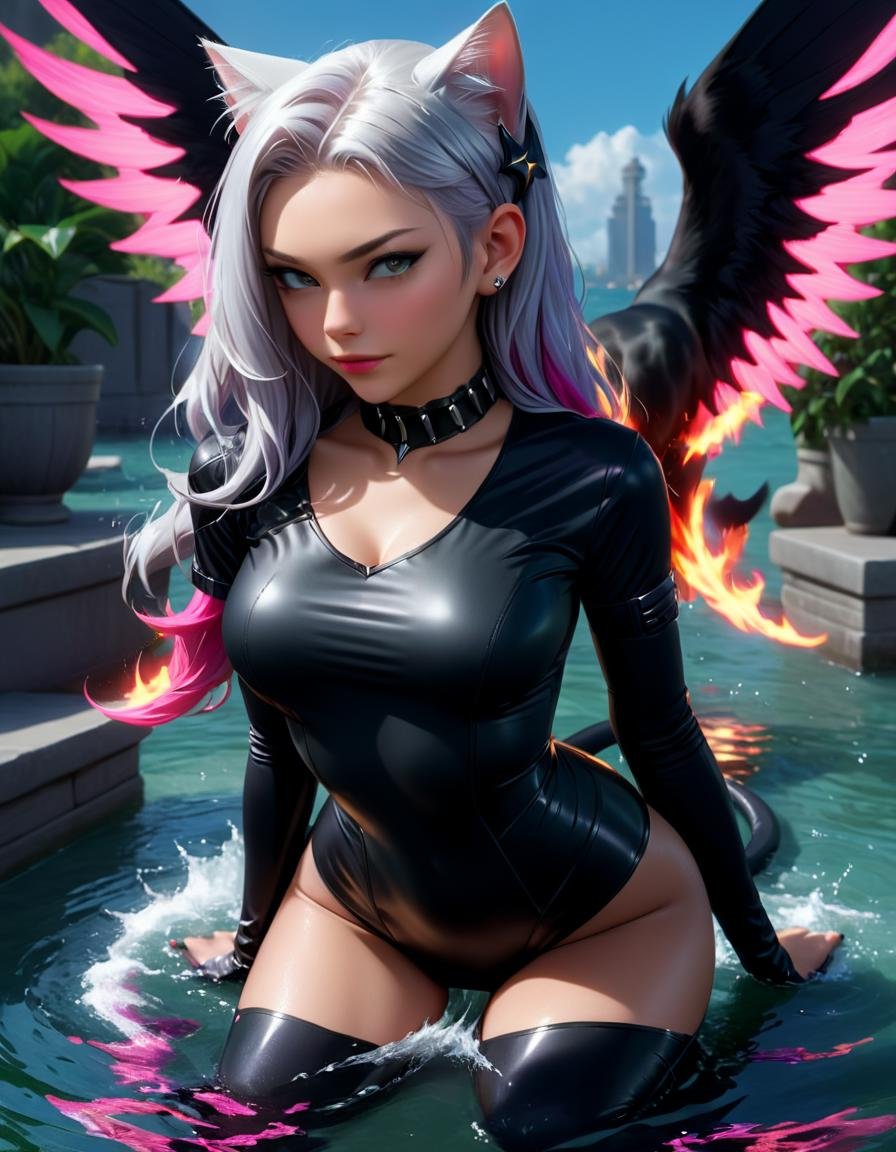 Hyperrealistic art <lora:FF-Safe-Anim-v3-LycorisFF:1> digital art of an elegant, cyborg - girl with silver hair, 3d render of catwoman, a girl with pink hair and black outfit, wearing a tee shirt and combats, a woman in a red dress laying in water, wearing military outfit, huge wings growing out of arms, purple and black clothes, woman made of black flames, a girl in a black dress with white hair and a cat, semirealistic anime style . Extremely high-resolution details, photographic, realism pushed to extreme, fine texture, incredibly lifelike