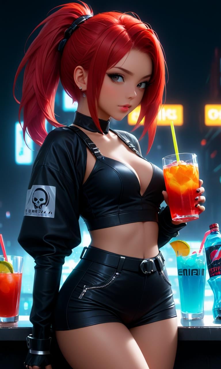 concept art <lora:FF-Safe-Anim-v3-LycorisFF:1>a girl with red hair holding a drink, female death holding a cocktail, anime girl drinks energy drink, holding a drink, redhead female cyberpunk, with a drink, dreamy cyberpunk girl, drinking cocktail, epic 3 d abstract emo girl, female cyberpunk anime girl, photorealistic anime girl render, cyberpunk beautiful girl, render of a cute 3d anime girl . digital artwork, illustrative, painterly, matte painting, highly detailed