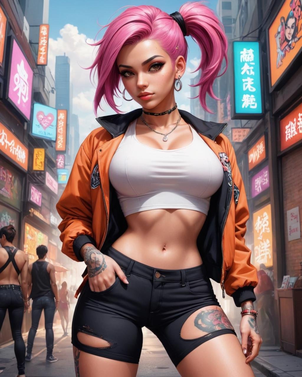 GTA-style artwork <lora:FFelf-LiFFe-FFusion-LoRA-FA-TX10_v2:1> a girl with pink hair and tattoos, extremely detailed artgerm, tattooed pinup, yakuza slim girl, tattoo sleeve on her right arm, tattooed body, in style of artgerm, colored illustration for tattoo, drawn in the style of artgerm, of taiwanese girl with tattoos, graphic artist artgerm, style of stanley artgerm, female cyberpunk anime girl in the background a girl in an orange jacket and black pants . Satirical, exaggerated, pop art style, vibrant colors, iconic characters, action-packed