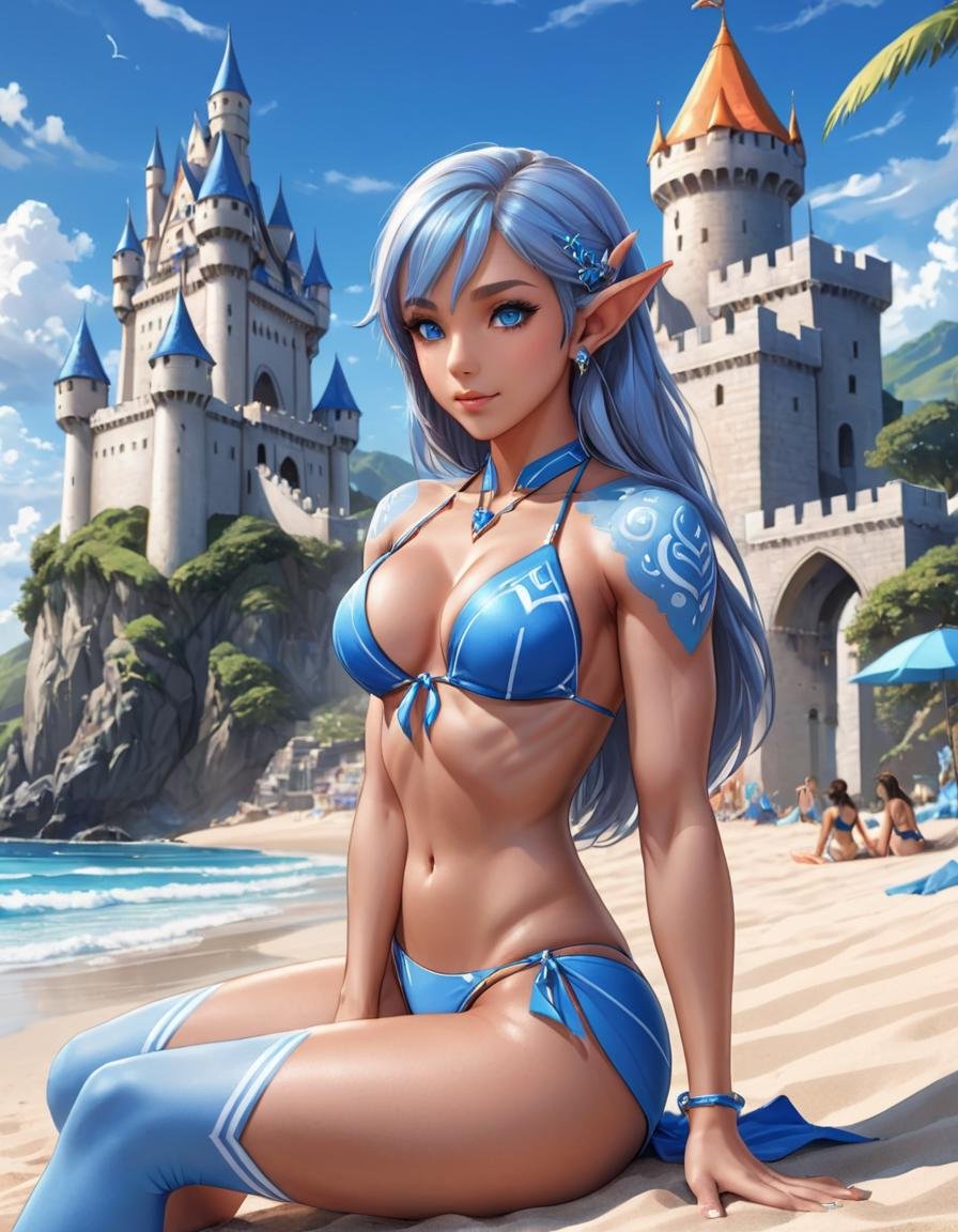 concept art <lora:FFelf-LiFFe-FFusion-LoRA-FA-TX10_v2:1> a woman in a bikini sitting on the beach in front of a castle, blue-skinned elf, elf girl, female elf, anime fantasy artwork, elf with blue skin, anime fantasy illustration, muscular character, muscular girl, realistic anime style at pixiv, blue elf, detailed anime artwork, clean detailed anime art, tony sart and an anime artist, elf . digital artwork, illustrative, painterly, matte painting, highly detailed