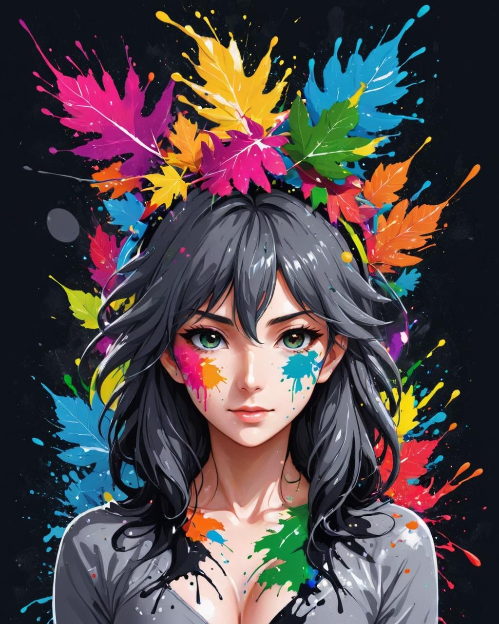 anime artwork <lora:FFelf-LiFFe-FFusion-LoRA-FA-TX10_v2:1> a woman with a head covered in leaves, in the background a close up of a colorful splash of paint on a black background, paint splash, splashes of color, paint splashes, splashes of colors, color explosion, color ink explosion, color splashes, splash painting, explosion of color, colourful explosion, acrylic paint splashes, paint splashes and splatter, splash of color, paint drops, paint splatter, black background, no humans, paint, simple background, still life, liquid, splatter, water, melting, colorful, dripping, artist name, shiny, grey background . anime style, key visual, vibrant, studio anime,  highly detailed