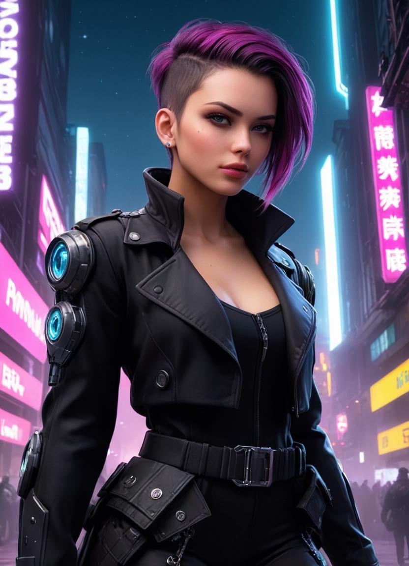 neonpunk style <lora:Cyber Wb FFusion:1>, cyber punk 2077, cyberpunk woman, [ (art by Lauren Faust:1.1) ,art by Satoshi Kon::13], Concept art, Unreal Engine, Fractal, Enchanting Woman, Chancellor, wearing Lapidary Peacoat, Stars in the sky, Graphic novel, Lonely, Dichromatic . cyberpunk, vaporwave, neon, vibes, vibrant, stunningly beautiful, crisp, detailed, sleek, ultramodern, magenta highlights, dark purple shadows, high contrast, cinematic, ultra detailed, intricate, professional