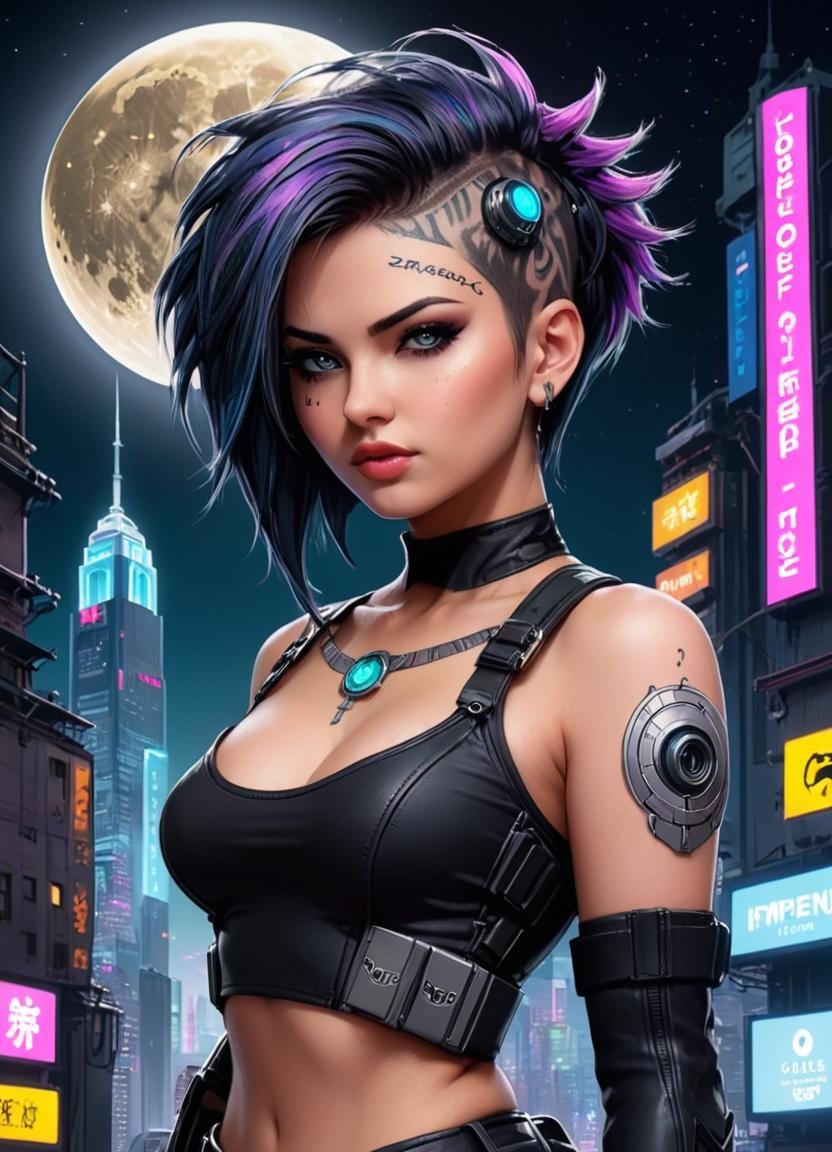 Collage style <lora:Cyber Wb FFusion:1>, cyber punk 2077, cyberpunk woman, (art by Artgerm:0.7) , Anime, Drawing, Biochemical small [Rosie Huntington-Whiteley:Selina Meyer:5], Contrapposto, Tattoos, Fitbit, Moon in the night, Fearful, Goblincore, F/1.8 . Mixed media, layered, textural, detailed, artistic