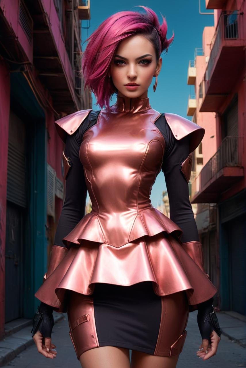 HDR photo of <lora:Cyber Wb FFusion:1>, Abstract, Digital artwork, cyberpunk, wearing Visual Iranian Copper deep pink Peplum dress, art by RHADS, Constructivism Art, cyber punk 2077, cyberpunk woman . High dynamic range, vivid, rich details, clear shadows and highlights, realistic, intense, enhanced contrast, highly detailed