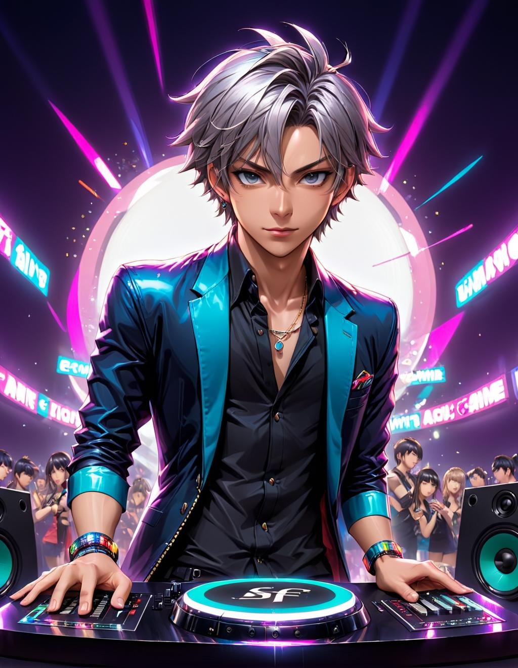 anime artwork 1boy, male_focus, signature, solo, speaker, wristband <lora:SaFFe3-AniSaFFe-AniSaFFe-Ani.LORA:1> anime style, night club party background 3d logo text FF . anime style, key visual, vibrant, studio anime,  highly detailed