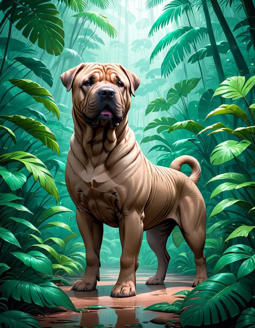 line art drawing <lora:SaFFe3-AniSaFFe-AniSaFFe-Ani.LORA:1>, anime key visual, Magnificent Shar Pei, South-American jungle, Cel shaded, 50s Art, Magenta lighting . professional, sleek, modern, minimalist, graphic, line art, vector graphics