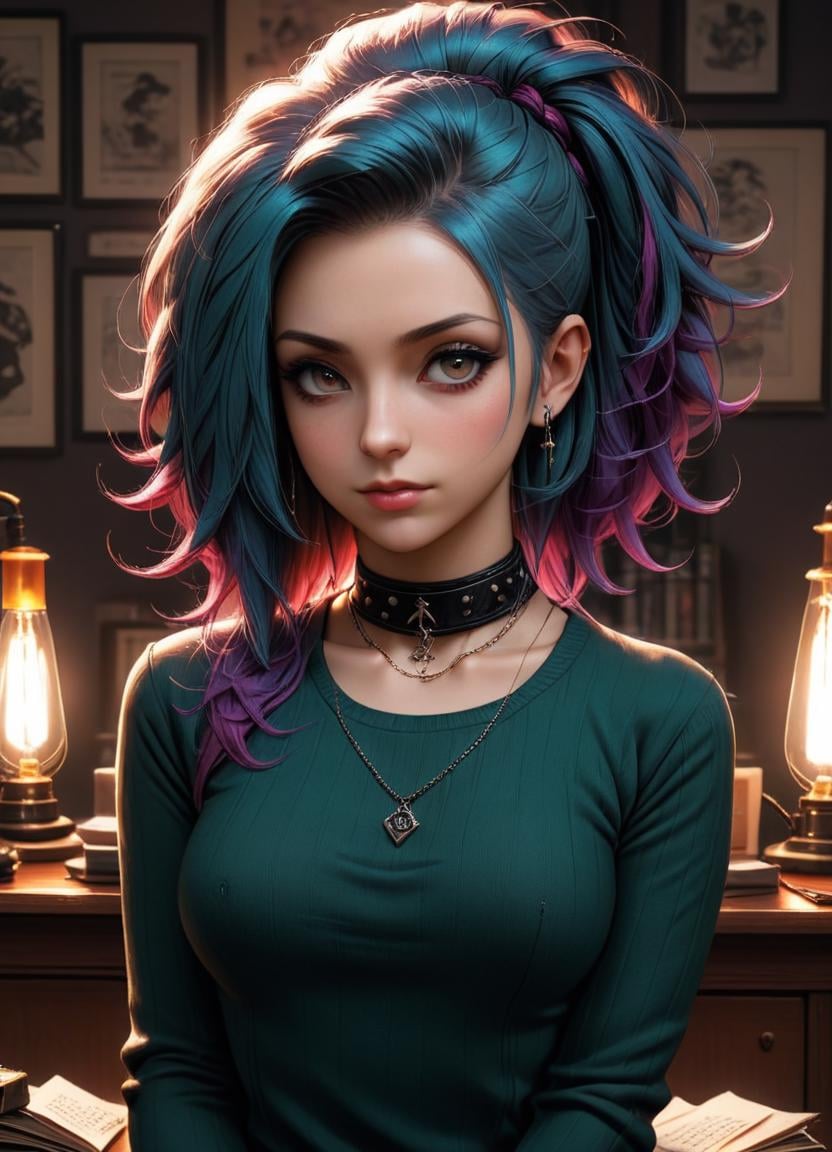 Hyperrealistic art <lora:SaFFe3-AniSaFFe-AniSaFFe-Ani.LORA:1> Cozy, moody, Vulgar petite Arcadian Female Sociologist, her hair is [Intuitive:Abhorrent:18], Deathpunk . anime style, key visual, vibrant, studio anime,  highly detailed . Extremely high-resolution details, photographic, realism pushed to extreme, fine texture, incredibly lifelike