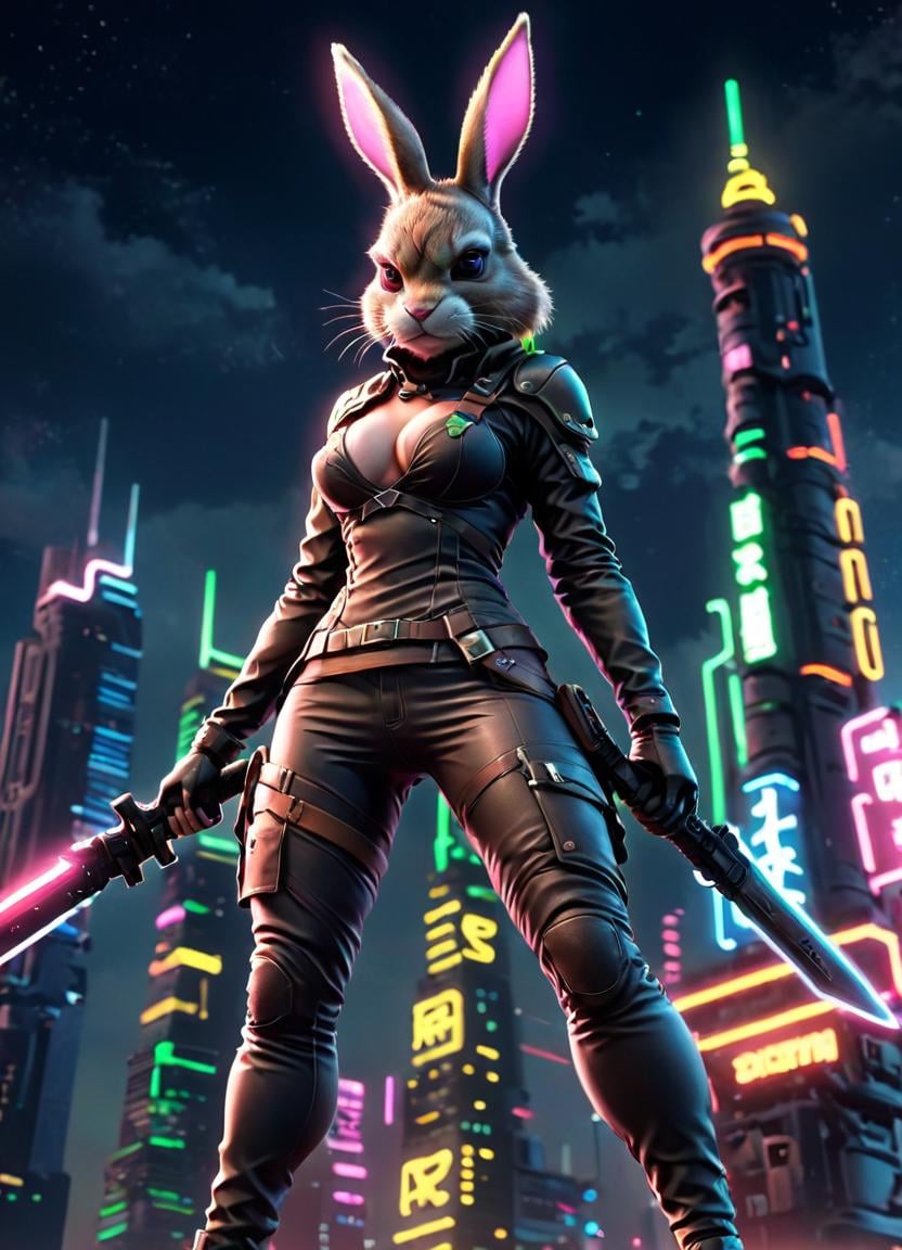 Hyperrealistic art <lora:Cyber BunnY Warfare FFusion:1>1girl, solo, breasts, looking at viewer, large breasts, gloves, long sleeves, holding, animal ears, medium breasts, standing, jacket, weapon, cowboy shot, outdoors, sky, pants, sword, fingerless gloves, holding weapon, armor, rabbit ears, blurry, gun, night, depth of field, blurry background, black pants, from below, helmet, building, holding gun, night sky, rifle, furry, blurry foreground, city, rabbit girl, furry female, assault rifle, lamppost, city lights, cyberpunk, neon lights, FFcyberbunny, solo, weapon, rabbit ears, city . Extremely high-resolution details, photographic, realism pushed to extreme, fine texture, incredibly lifelike