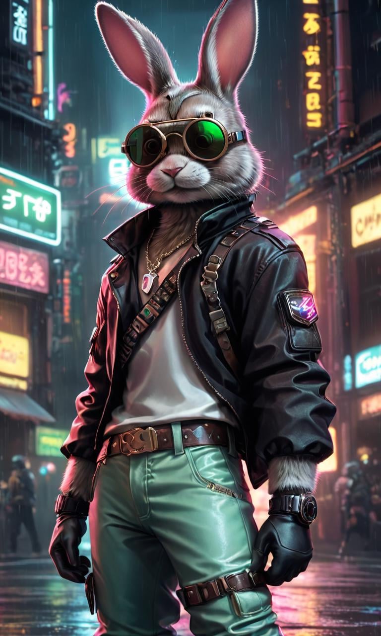Neon noir (Digital Artwork:1.3) of (Ultrarealistic:1.3) <lora:Cyber BunnY Warfare FFusion:1> solo, looking at viewer, shirt, long sleeves, 1boy, holding, animal ears, jewelry, closed mouth, standing, jacket, male focus, cowboy shot, open clothes, glasses, belt, pants, artist name, necklace, rabbit ears, blurry, open jacket, black jacket, black shirt, no humans, depth of field, blurry background, animal, watermark, black pants, sunglasses, goggles, facing viewer, furry, zipper, black-framed eyewear, goggles on head, watch, hand in pocket, rabbit, hands in pockets, round eyewear, unzipped, furry male, zipper pull tab, brown pants, tinted eyewear, animal focus, white fur, ears through headwear, dog tags, whiskers, clothed animal, aviator sunglasses, FFcyberbunny, jacket, goggles, solo, whiskers, belt, blurry, blurry background, furry, 1boy, pants, long sleeves, necklace, male focus, cowboy shot, open clothes, rabbit,CGSociety,ArtStation,(Green hue:1.3),close portrait,(manga:1.3),beautiful,attractive,handsome,trending on ArtStation,DeviantArt contest winner,CGSociety,ultrafine,detailed,studio lighting . Cyberpunk, dark, rainy streets, neon signs, high contrast, low light, vibrant, highly detailed