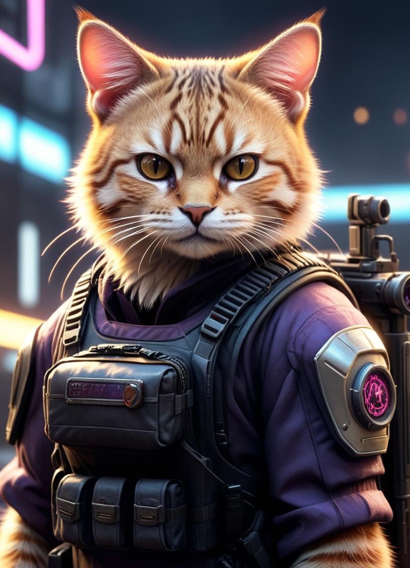 neonpunk style (Digital Artwork:1.3) of (Ultrarealistic:1.3) <lora:Cyber BunnY Warfare FFusion:1> a close up of a cat with a rifle, FFcyberbunny,, weapon, gun, robot, cat, no humans, holding weapon, rifle, holding, holding gun, blurry, whiskers, animal, backpack, blurry background, science fiction, mecha, bag, realistic, assault rifle,CGSociety,ArtStation,((retrofuturism)),(science fiction),dystopian Art,ultrafine,detailed,future tech,by Clarence Holbrook CArter,by Ed Emshwiller,CGSociety,ArtStation contest winner,trending on ArtStation,DeviantArt contest winner,Fallout . cyberpunk, vaporwave, neon, vibes, vibrant, stunningly beautiful, crisp, detailed, sleek, ultramodern, magenta highlights, dark purple shadows, high contrast, cinematic, ultra detailed, intricate, professional