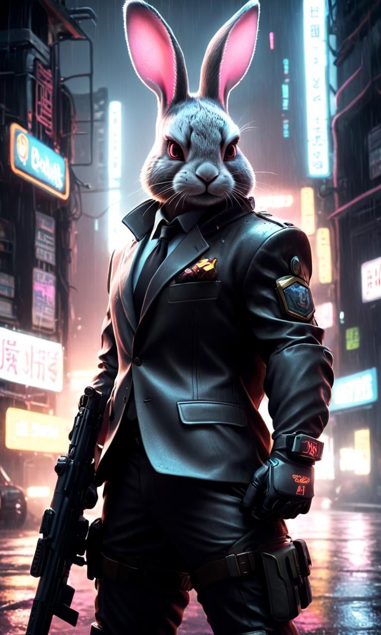 Neon noir (Digital Artwork:1.3) of (Ultrarealistic:1.3) <lora:Cyber BunnY Warfare FFusion:1> a rabbit in a suit holding a rifle, FFcyberbunny,, weapon, gun, rabbit, gloves, holding weapon, rifle, assault rifle, holding, holding gun, solo, no humans, animal, outdoors, ruins,CGSociety,ArtStation,close portrait,(manga:1.3),beautiful,attractive,handsome,trending on ArtStation,DeviantArt contest winner,CGSociety,ultrafine,detailed,studio lighting . Cyberpunk, dark, rainy streets, neon signs, high contrast, low light, vibrant, highly detailed