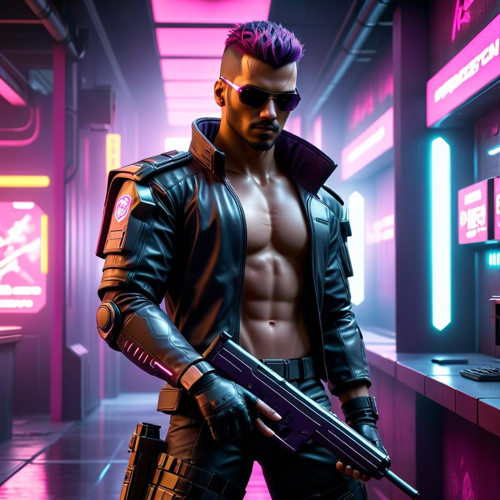 neonpunk style <lora:FF-CyberF-Male1Locon:1> cyber man holding a gun in a neon lit room, cyberpunk hero, cyberpunk photo, cyberpunk art 2077, cyberpunk art ultrarealistic 8k, cyberpunk style ， hyperrealistic, cyberpunk art style, cyberpunk assassin, in cyber punk 2077, cyberpunk themed art, cyberpunk soldier, cyberpunk 2077” . cyberpunk, vaporwave, neon, vibes, vibrant, stunningly beautiful, crisp, detailed, sleek, ultramodern, magenta highlights, dark purple shadows, high contrast, cinematic, ultra detailed, intricate, professional