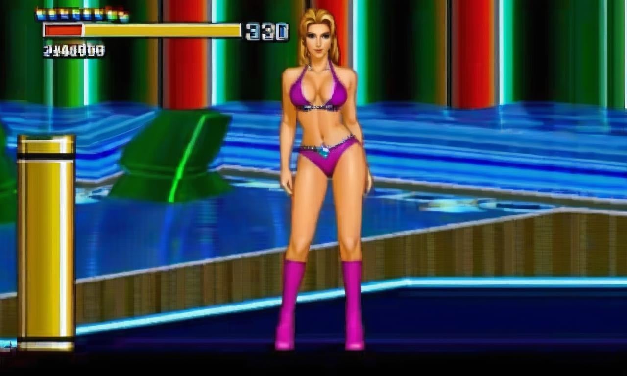 Retro arcade style   <lora:FF-16BIT-XL--v0234:1> woman in  computer game, gameplay screenshot posing for a picture in latex bikini  a screen shot of a computer game, gameplay screenshot with ui, gameplay, gameplay screenshot, heroes of might and magic 3, screenshot from the game, warcraft 3, in - game screenshot, in-game screenshot, 9 0 s games . 8-bit, pixelated, vibrant, classic video game, old school gaming, reminiscent of 80s and 90s arcade games