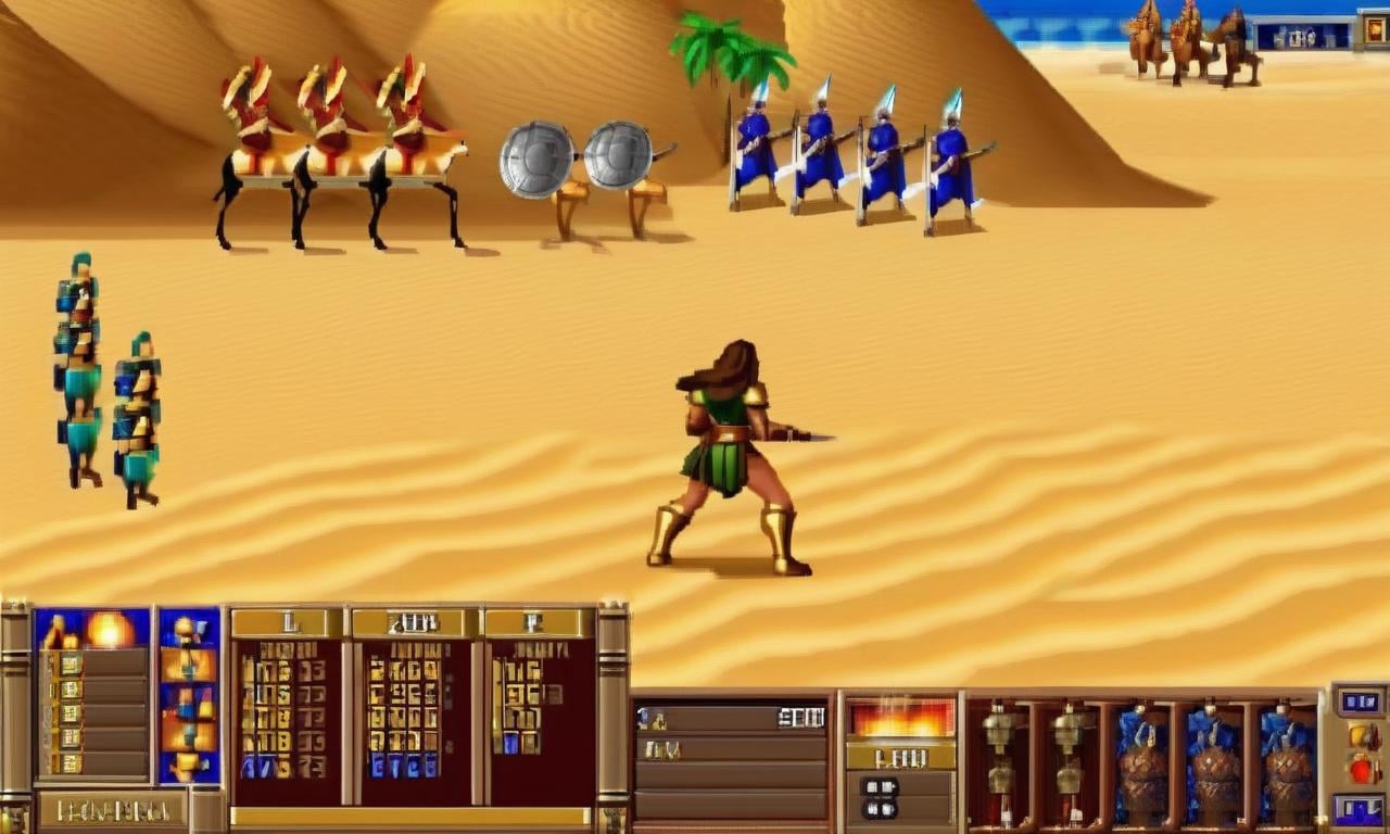 Retro game art   <lora:FF-16BIT-XL--v0234:1> woman in  computer game, gameplay screenshot with ui posing for a picture in latex bikini  a screen shot of a computer game, gameplay screenshot with ui, gameplay, gameplay screenshot, heroes of might and magic 3, screenshot from the game, warcraft 3, in - game screenshot, in-game screenshot, 9 0 s games, art style of polygon1993, heroes of might and magic, in an arena in dune 2021 . 16-bit, vibrant colors, pixelated, nostalgic, charming, fun