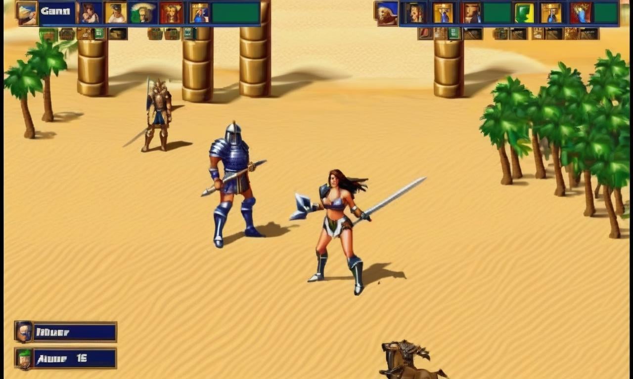 Retro game art   <lora:FF-16BIT-XL--v0234:1> woman in  computer game, gameplay screenshot with ui posing for a picture in latex bikini  a screen shot of a computer game, gameplay screenshot with ui, gameplay, gameplay screenshot, heroes of might and magic 3, screenshot from the game, warcraft 3, in - game screenshot, in-game screenshot, 9 0 s games, art style of polygon1993, heroes of might and magic, in an arena in dune 2021 . 16-bit, vibrant colors, pixelated, nostalgic, charming, fun