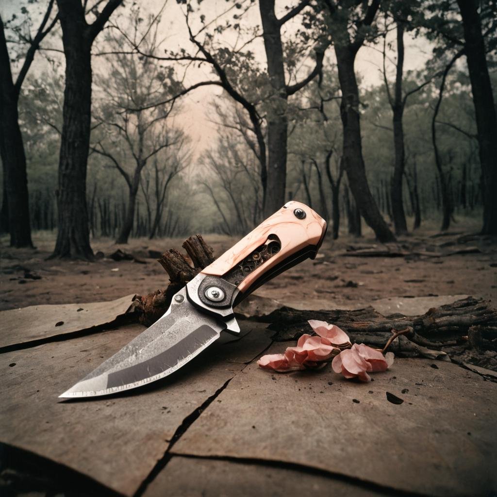 Dystopian style photograph, [trees|blossoms], landscape of a Young Ugly folding knife from inside of The Staff of Moses, Summer, Cel shading, film grain, Polaroid, F/8, Peach paint splotches, Swirling, product showcase <lora:Knife_XL_FFusion:1> . Bleak, post-apocalyptic, somber, dramatic, highly detailed