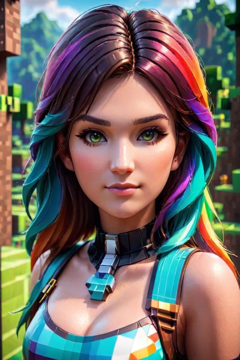 Minecraft style <lora:FF-Minecraft-XL:1> Minecraft world, Minecraft render style in focus face with fine details, beautiful young face, soft portrait shot 8 k, close portrait of beautiful, beautiful female portrait <lora:FF.88.RealitiesEdgeXL_30.lora:0.69> . Blocky, pixelated, vibrant colors, recognizable characters and objects, game assets