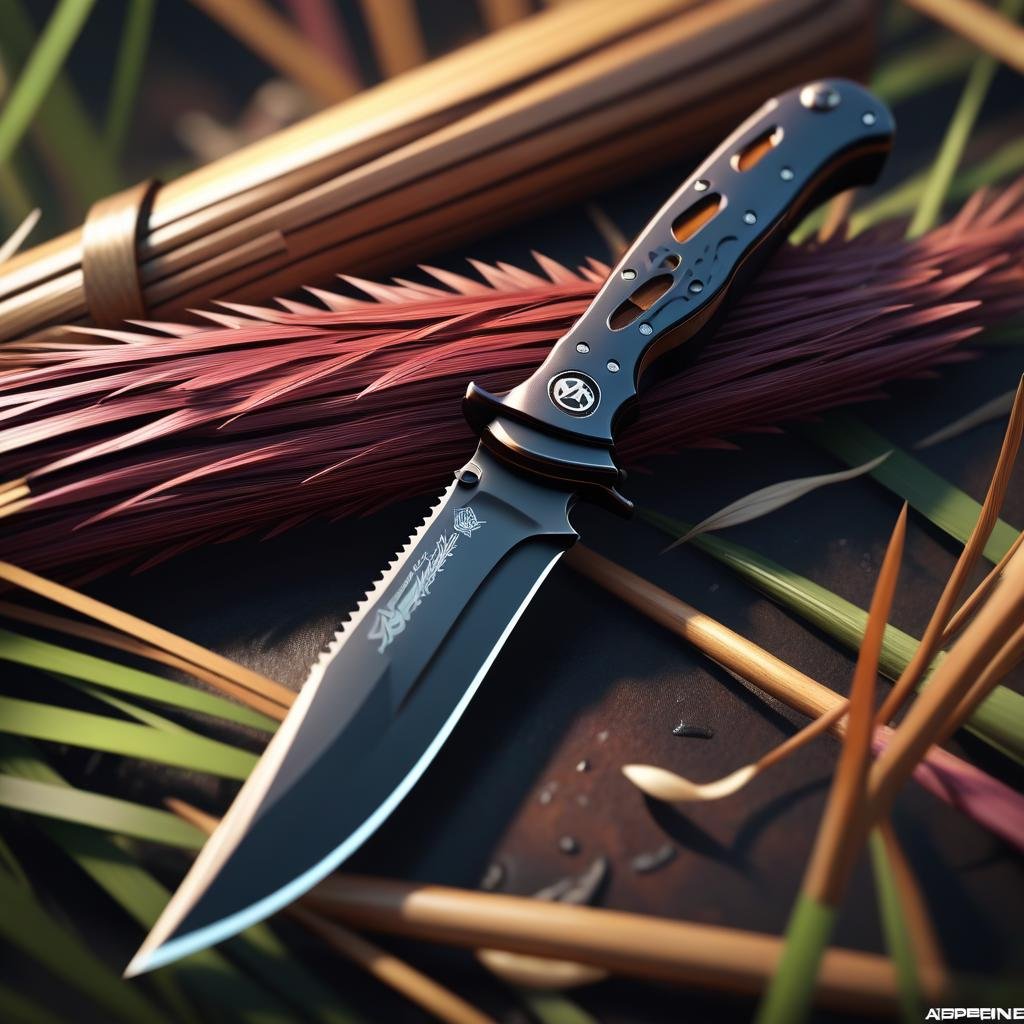 Abstract style octane render, 2000'S knife design, detailed with Iron Sickening patterns, dense reeds, tilt shift, Realistic, insane details, product showcase <lora:Knife-FFusion-LoRA-FA:1> . Non-representational, colors and shapes, expression of feelings, imaginative, highly detailed