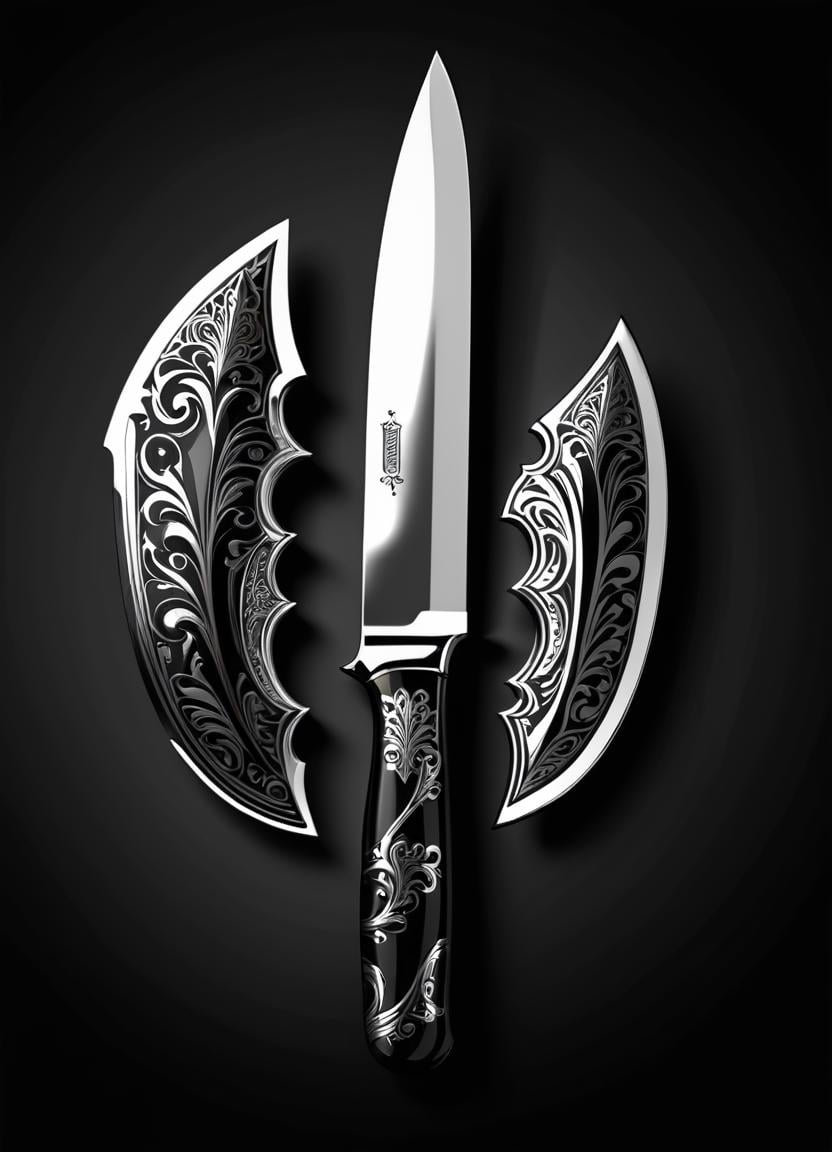 Abstract style Regret, Skilled knife design, Romantic, Monochrome, product showcase <lora:Knife-FFusion-LoRA-FA:1.5> . Non-representational, colors and shapes, expression of feelings, imaginative, highly detailed