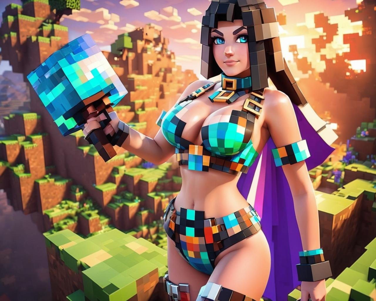 Minecraft style <lora:FF-minectaft-XL-Fa1-v0183:1> a woman in minecraft posing for a picture in latex bikini with a pixalated blue harness and metal choker minecraft render with a potion, big breasts , huge big breasts, corset latex, minecraft world style    . Blocky, pixelated, vibrant colors, recognizable characters and objects, game assets