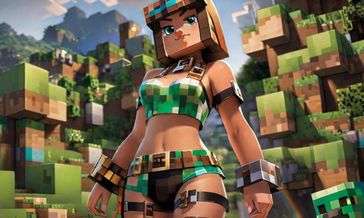 woman in minecraft posing for a picture in latex bikini no top nipples with small breasts with a pixalated sexy fetish harness and metal choker minecraft render with a pixaleted render, big breasts , huge big breasts, corset latex, minecraft world style, huge big breasts  naked on the ground  big round butt, rendered mineraft in the background  <lora:FF-minectaft-XL-Fa1-v0183:1> 