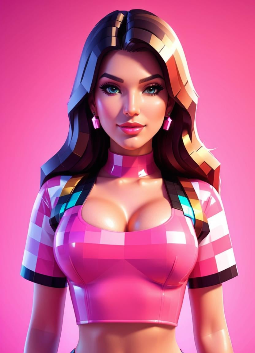 Minecraft style <lora:MinecraFFt-XL-TX-FA-v0471:1> texture a portrait of a beautiful gorgeous woman in a pink latex top down close-up . Blocky, pixelated, vibrant colors, recognizable characters and objects, game assets