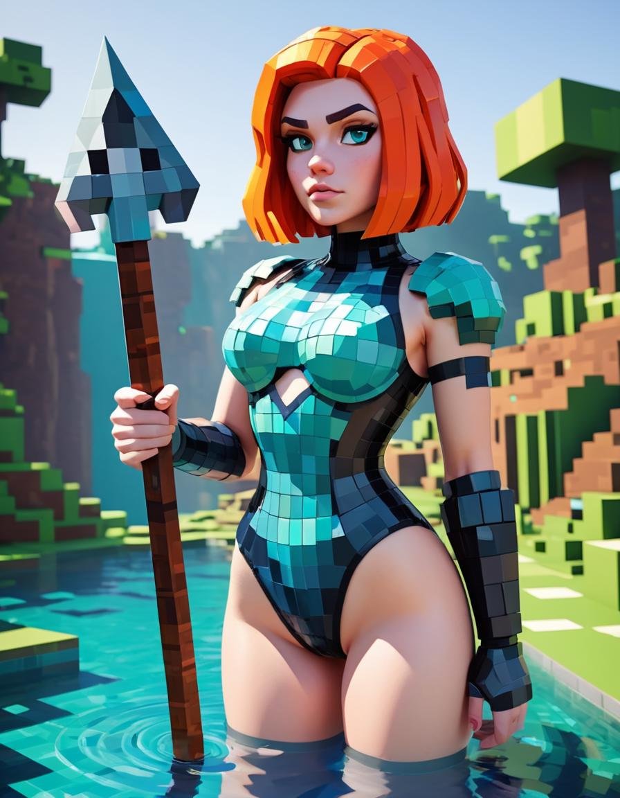 Minecraft style woman with pixelated latex bodysuit Minecraft armor and a pickaxe, (art by Ross Draws:1.1) , Angora wool of a Grumpy Paranoid ("Spawning Pool":1.1) , horizon-centered, Cel shading, Panfuturism, 800mm lens, most beautiful artwork in the world,  <lora:MinecraFFt-XL-TX-FA-32LOKONv0471:1> . Blocky, pixelated, vibrant colors, recognizable characters and objects, game assets