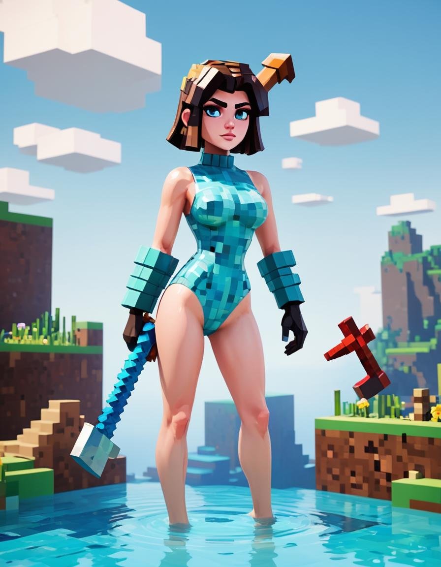 Minecraft style woman with pixelated latex bodysuit Minecraft armor and a pickaxe, (art by Ross Draws:1.1) , Angora wool of a Grumpy Paranoid ("Spawning Pool":1.1) , horizon-centered, Cel shading, Panfuturism, 800mm lens, most beautiful artwork in the world,  <lora:MinecraFFt-XL-TX-FA-32LOKONv0471:1> . Blocky, pixelated, vibrant colors, recognizable characters and objects, game assets