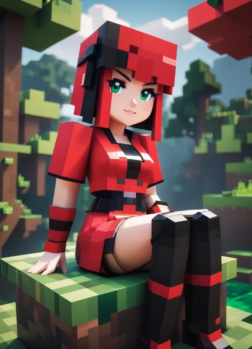 Minecraft style <lora:Minecraft FF LoCON 02:1> a close up of a woman in a red and black outfit sitting on a green platform, anime lush john 8k woods, anime woman fullbody art, 3 d anime realistic, realistic anime 3 d style, latex outfits, 2. 5 d cgi anime fantasy artwork, 3d anime poster, stuning fantasy 3 d render, anime 3 d art, anime styled 3d . Blocky, pixelated, vibrant colors, recognizable characters and objects, game assets