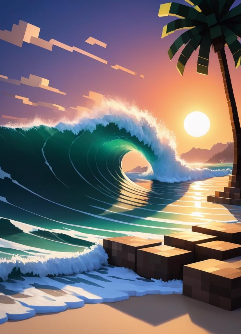 Minecraft style (Ultrarealistic:1.3) view of a wave breaking on a beach with palm trees, by Christophe Vacher, inspired by Christophe Vacher, inspired by mark keathley, ocean background setting, by Noah Bradley, by mark keathley, by jessica rossier, scenery artwork, digital expressive oil painting, moody sunset background, background artwork, oil painting 4k, environment painting <lora:Minecraft FF LoCON 02:1>,(Cold Colors:1.3),(close portrait:1.3),(Feminine:1.4),(beautiful:1.4),(attractive:1.3),handsome,calendar pose,perfectly detailed eyes,studio lighting,thematic background . Blocky, pixelated, vibrant colors, recognizable characters and objects, game assets