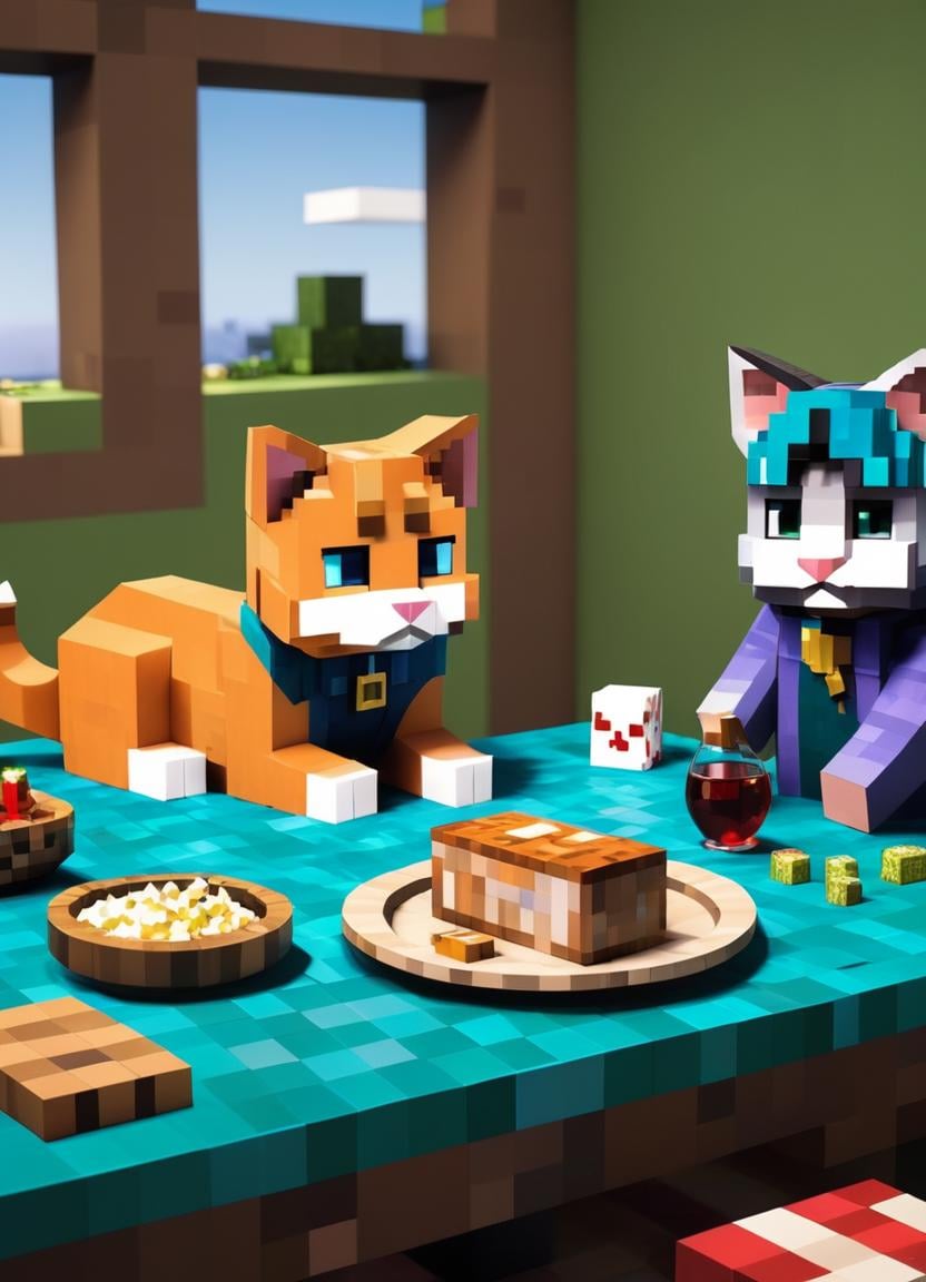 Minecraft style (Ultrarealistic:1.3) two cats sitting at a table with food and wine, photo of a hamsters on a date, cats party, having a picnic, cattie - brie of mithril hall, cats playing poker, wes anderson), scene from a dinner party, 4 k high - resolution photograph, pals have a birthday party, picnic, catscatscats, cat photography <lora:Minecraft FF LoCON 02:1>,(Provia:1.3),(close portrait:1.3),(Feminine:1.4),(beautiful:1.4),(attractive:1.3),handsome,calendar pose,perfectly detailed eyes,studio lighting,thematic background . Blocky, pixelated, vibrant colors, recognizable characters and objects, game assets